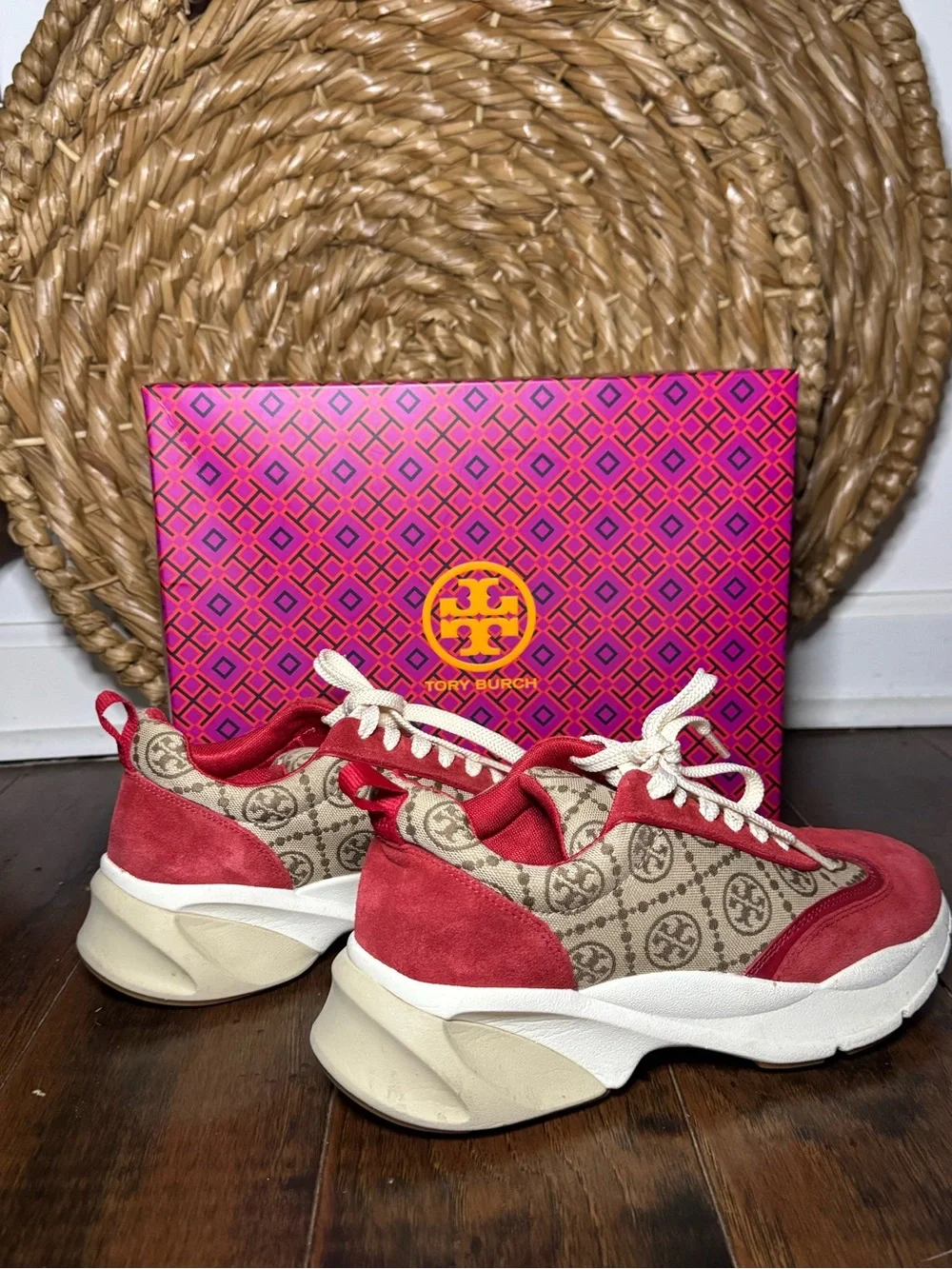 Tory Burch T Monogram Good Luck Trainers Hazel + Tory Red Low Top (Size 8.5)